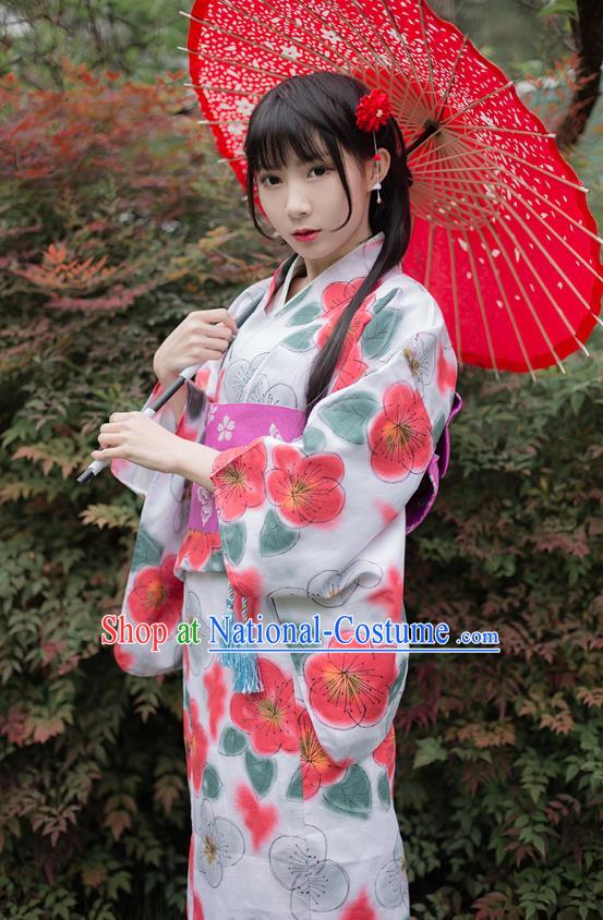 Asian Japan Printing Plum Blossom Kimono Costume Japanese Traditional Hanabi Taikai Yukata Dress