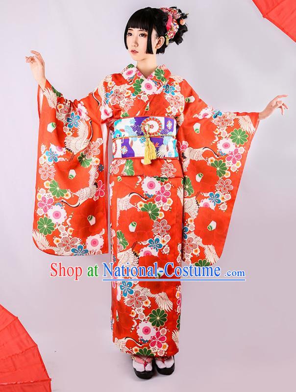 Japanese Traditional Printing Camellia Yukata Dress Asian Japan Wedding Bride Red Furisode Kimono Costume