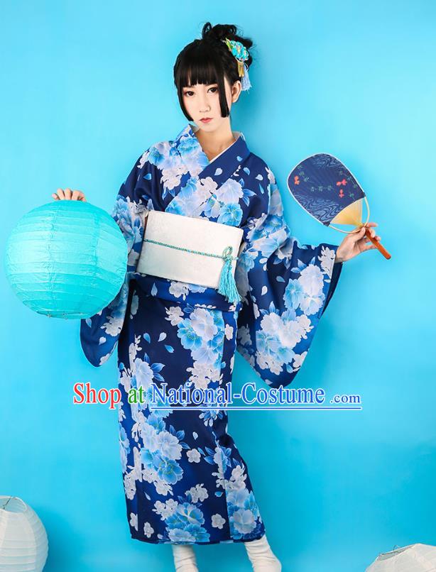 Japanese Traditional Printing Deep Blue Yukata Dress Asian Japan Stage Performance Kimono Costume