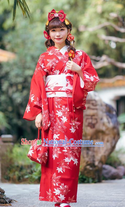 Asian Japan Young Lady Printing Maple Leaf Red Homongi Kimono Japanese Traditional Costumes