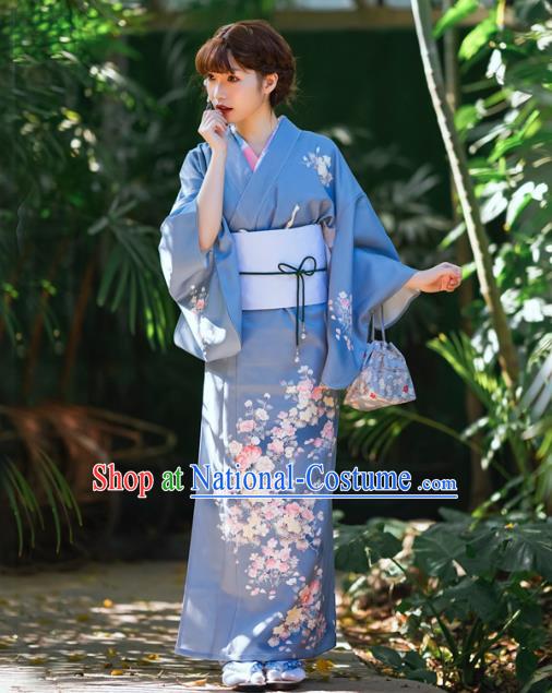 Asian Japan Printing Flowers Blue Yukata Kimono Japanese Traditional Young Woman Costumes