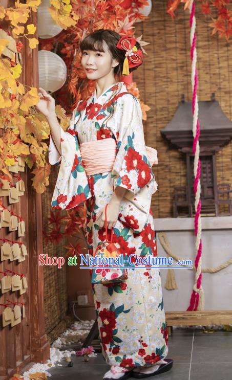 Japanese Traditional Yukata Costumes Asian Japan Printing Red Camellia Kimono Dress