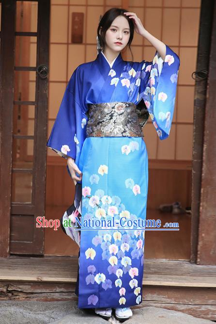 Japanese Traditional Young Woman Yukata Costume Asian Japan Printing Royalblue Kimono Dress