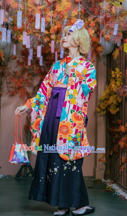 Japanese Traditional Young Lady Costumes Asian Japan Cosplay Kimono Printing Blouse and Hakama Pants