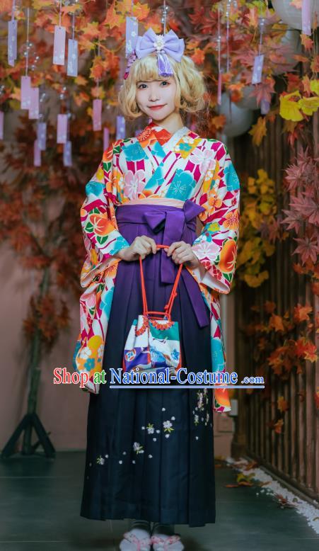 Japanese Traditional Young Lady Costumes Asian Japan Cosplay Kimono Printing Blouse and Hakama Pants