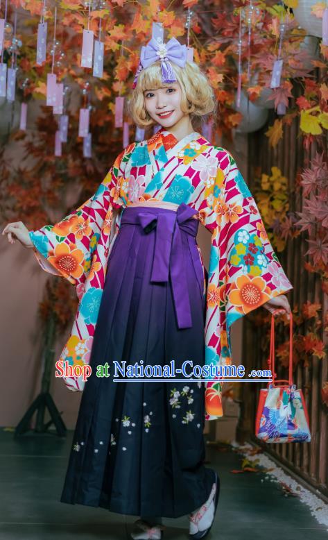 Japanese Traditional Young Lady Costumes Asian Japan Cosplay Kimono Printing Blouse and Hakama Pants