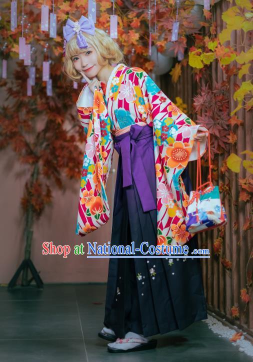 Japanese Traditional Young Lady Costumes Asian Japan Cosplay Kimono Printing Blouse and Hakama Pants