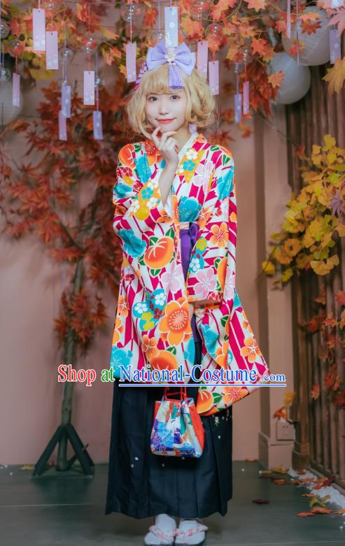 Japanese Traditional Young Lady Costumes Asian Japan Cosplay Kimono Printing Blouse and Hakama Pants