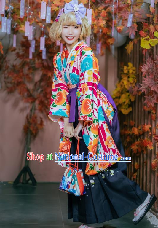 Japanese Traditional Young Lady Costumes Asian Japan Cosplay Kimono Printing Blouse and Hakama Pants