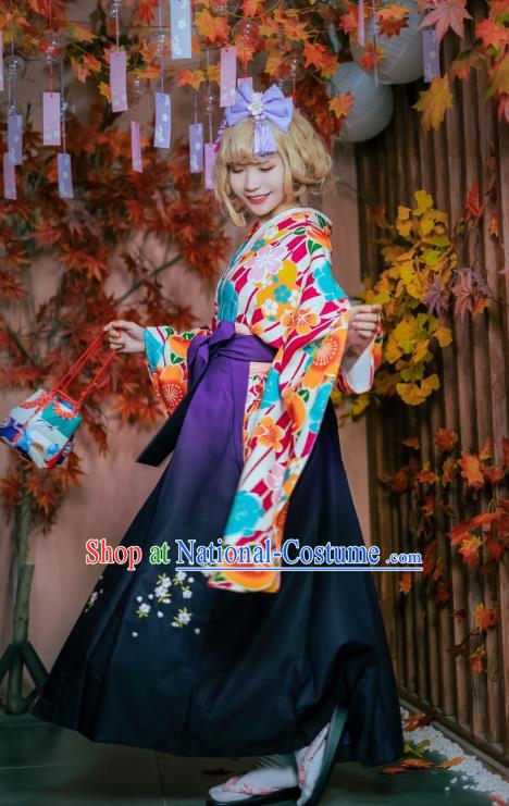 Japanese Traditional Young Lady Costumes Asian Japan Cosplay Kimono Printing Blouse and Hakama Pants