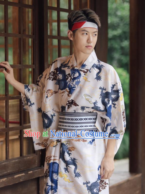 Japanese Cosplay Warrior Samurai Clothing Asian Japan Traditional Printing Dragon White Yukata