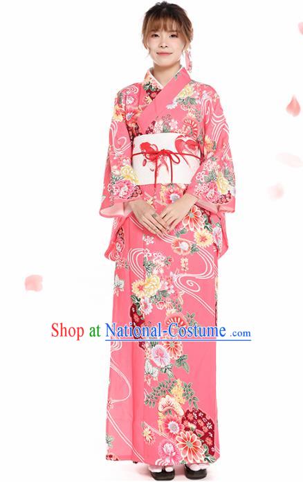 Asian Japan Summer Festival Pink Kimono Costume Japanese Traditional Young Lady Printing Chrysanthemum Yukata Dress