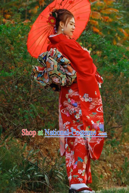 Asian Japan Bride Furisode Kimono Costume Japanese Traditional Wedding Printing Chrysanthemum Red Yukata Dress