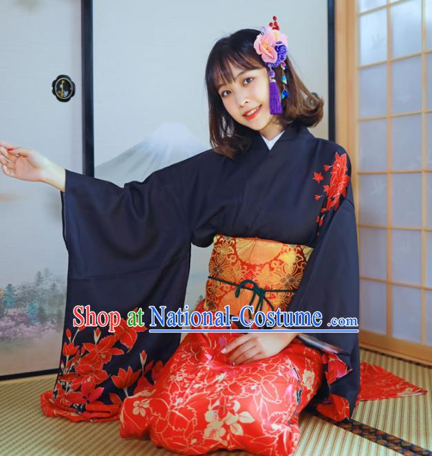 Asian Japan Stage Performance Furisode Kimono Costume Japanese Traditional Young Woman Yukata Dress