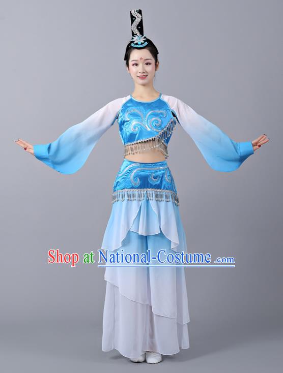 Chinese Traditional Classical Dance Performance Costumes Court Dance Blue Hanfu Dress and Headdress