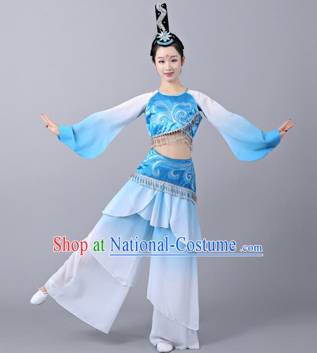 Chinese Traditional Classical Dance Performance Costumes Court Dance Blue Hanfu Dress and Headdress