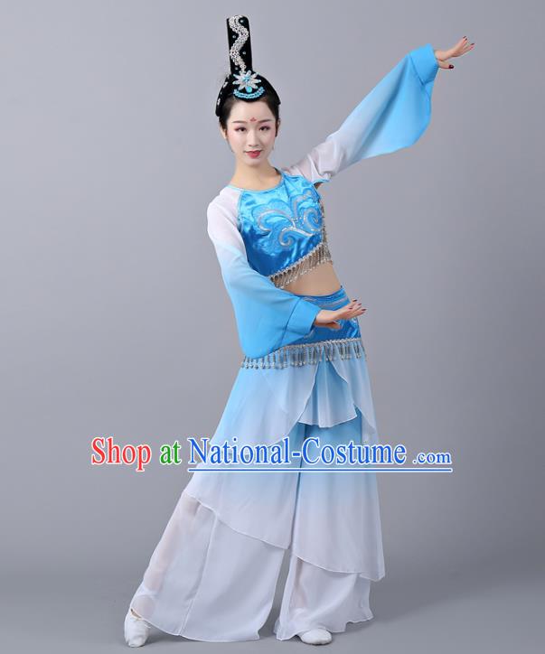 Chinese Traditional Classical Dance Performance Costumes Court Dance Blue Hanfu Dress and Headdress