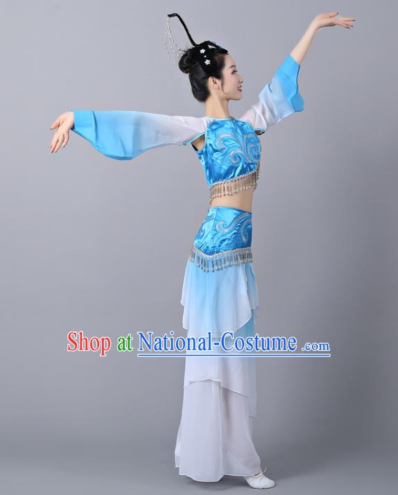 Chinese Traditional Classical Dance Performance Costumes Court Dance Blue Hanfu Dress and Headdress