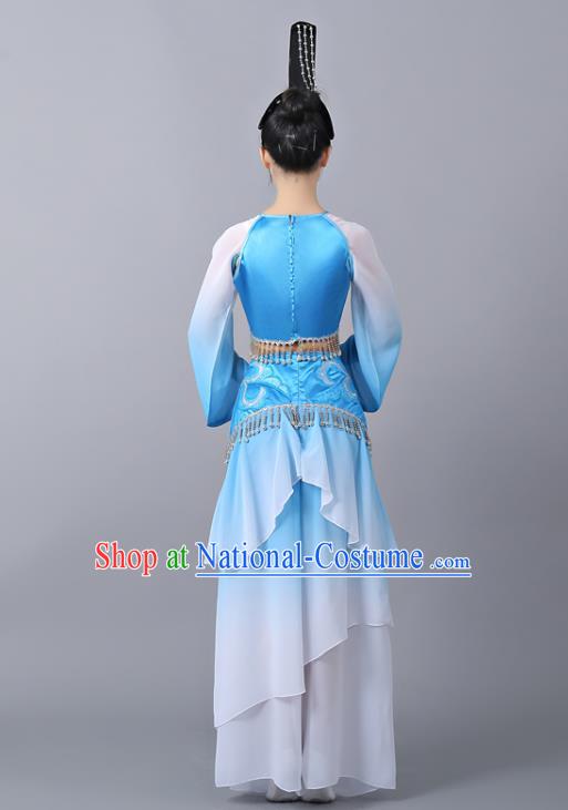 Chinese Traditional Classical Dance Performance Costumes Court Dance Blue Hanfu Dress and Headdress