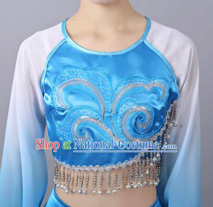 Chinese Traditional Classical Dance Performance Costumes Court Dance Blue Hanfu Dress and Headdress