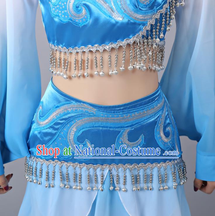 Chinese Traditional Classical Dance Performance Costumes Court Dance Blue Hanfu Dress and Headdress