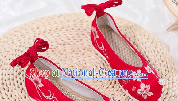 China National Red Shoes Traditional Wedding Princess Bow Shoes Embroidered Plum Blossom Shoes