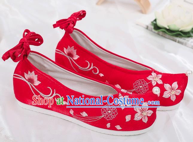 China National Red Shoes Traditional Wedding Princess Bow Shoes Embroidered Plum Blossom Shoes