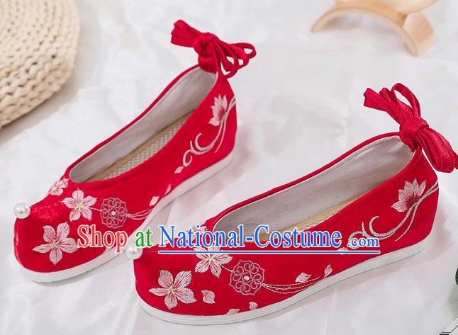 China National Red Shoes Traditional Wedding Princess Bow Shoes Embroidered Plum Blossom Shoes