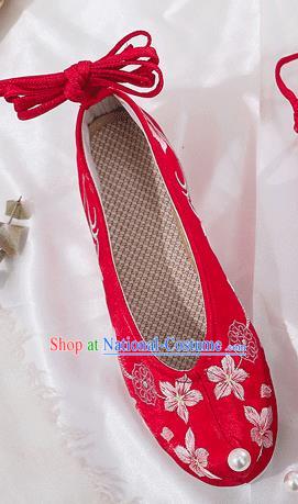 China National Red Shoes Traditional Wedding Princess Bow Shoes Embroidered Plum Blossom Shoes