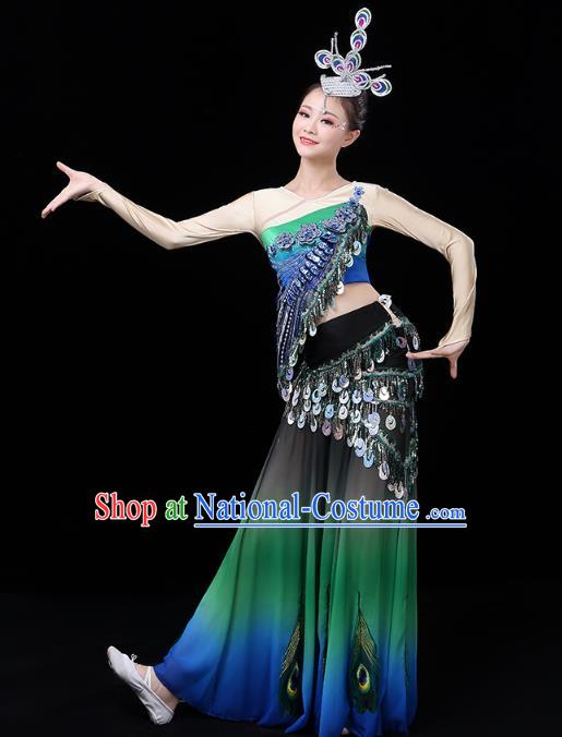 Chinese Yunnan Ethnic Folk Dance Costume Traditional Dai Minority Nationality Peacock Dance Sequins Tassel Dress Outfits