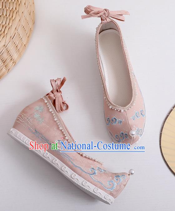 China Ancient Princess Hanfu Shoes Traditional Ming Dynasty Bow Shoes Embroidered Pink Cloth Shoes