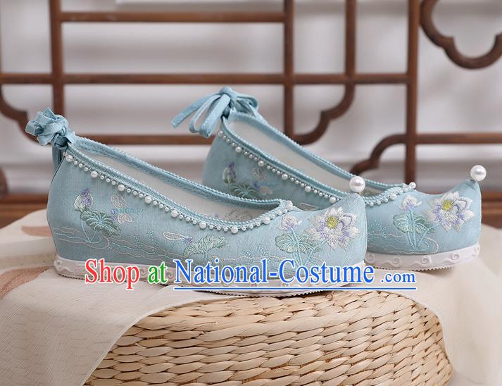 China Hanfu Bow Shoes Traditional Ming Dynasty Princess Shoes Embroidered Lotus Blue Cloth Shoes