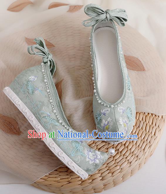 China Traditional Ming Dynasty Princess Shoes Embroidered Lotus Bow Shoes Hanfu Shoes Green Cloth Shoes