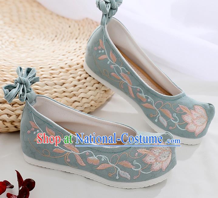 China Green Cloth Embroidered Shoes Ancient Dance Hanfu Shoes Traditional Ming Dynasty Princess Shoes