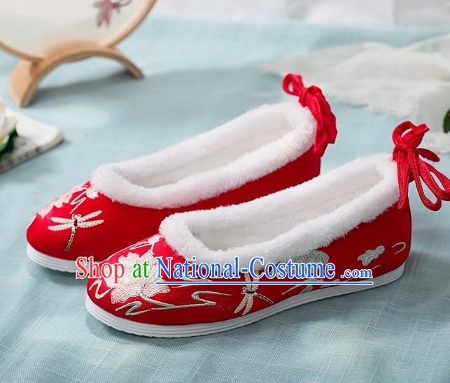 Chinese National Woman Winter Shoes Traditional Wedding Shoes Red Cloth Shoes Embroidered Lotus Shoes