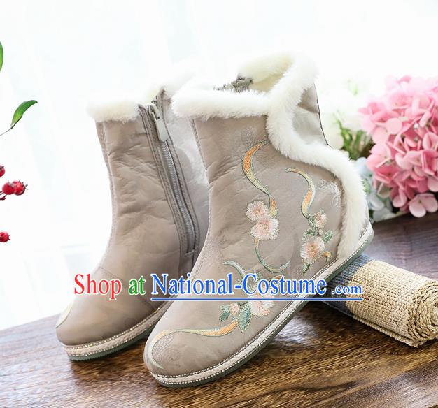 Chinese National Winter Boots Traditional Ancient Swordswoman Shoes Embroidered Grey Cloth Boots