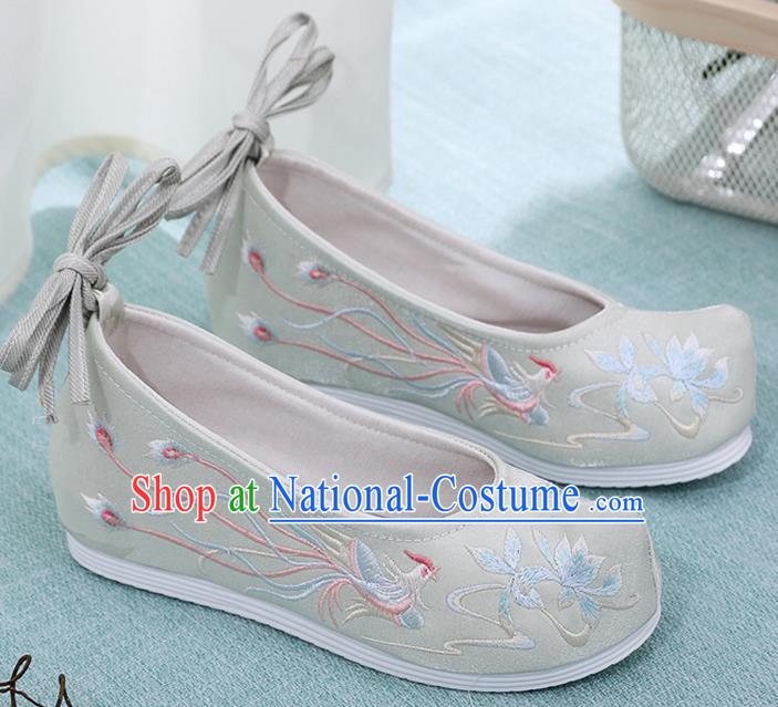 China Light Green Embroidered Phoenix Shoes Ancient Princess Shoes Classical Hanfu Shoes