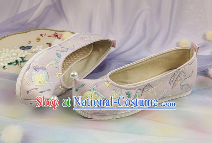 China Traditional Hanfu Pink Cloth Shoes Handmade Ming Dynasty Bow Shoes Ancient Princess Embroidered Shoes