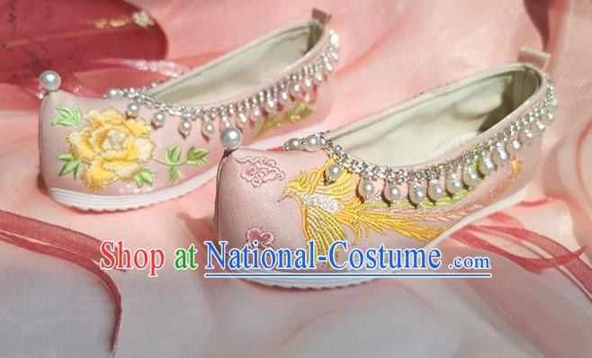 China Ancient Princess Pink Cloth Shoes Classical Beads Tassel Shoes Embroidered Phoenix Shoes Traditional Ming Dynasty Shoes