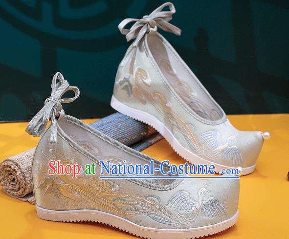 China Embroidered Phoenix Shoes Traditional Hanfu Light Green Satin Shoes Handmade Folk Dance Wedge Shoes