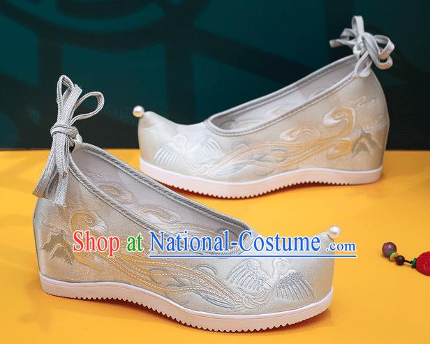 China Embroidered Phoenix Shoes Traditional Hanfu Light Green Satin Shoes Handmade Folk Dance Wedge Shoes