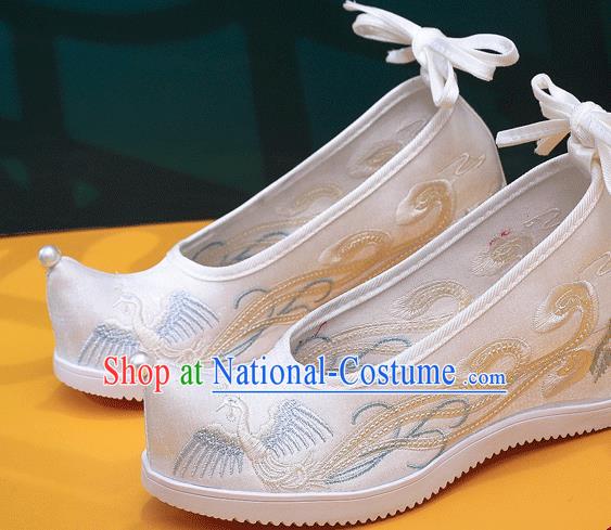 China Handmade Folk Dance Wedge Shoes Embroidered Phoenix Shoes Traditional Hanfu White Satin Shoes