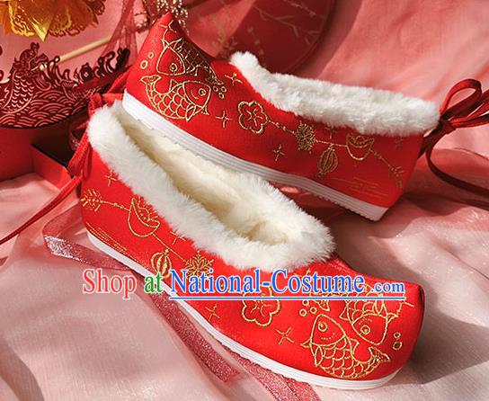 China Classical Xiuhe Wedding Shoes Traditional Hanfu Red Embroidered Shoes Ancient Bride Shoes