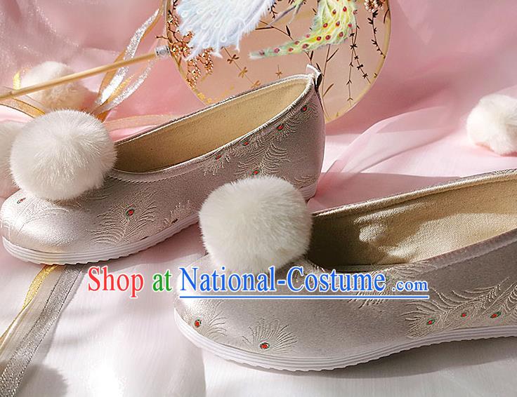 China Ancient Princess Shoes Classical Pink Brocade Shoes Traditional Hanfu Embroidered Peacock Feather Shoes