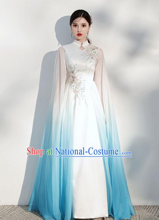 China Annual Meeting Compere Clothing Chorus Performance White Satin Full Dress Modern Dance Costume