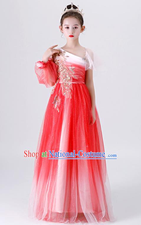 Top Grade Catwalks Red Veil Full Dress Children Day Stage Show Costume Girl Princess Fashion