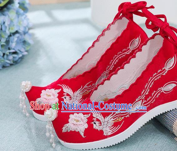 China Traditional Hanfu Pearls Tassel Shoes Handmade Xiuhe Suit Wedge Shoes Wedding Embroidered Phoenix Peony Shoes