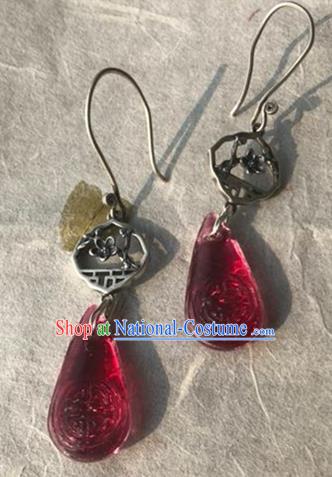 China Handmade National Garnet Earrings Traditional Cheongsam Silver Plum Blossom Ear Accessories