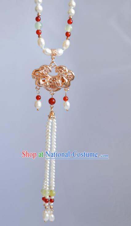 Chinese Ancient Princess Pearls Necklace Handmade Traditional Ming Dynasty Golden Lock Necklet Jewelry