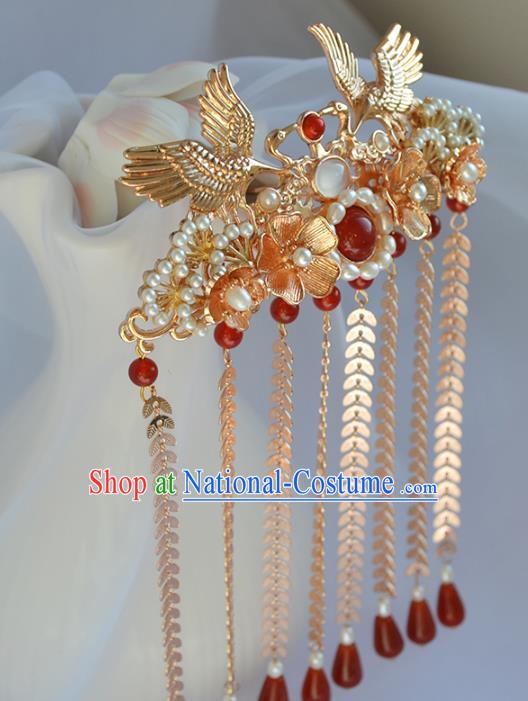 Chinese Traditional Ming Dynasty Wedding Hair Accessories Ancient Bride Golden Crane Tassel Hairpin